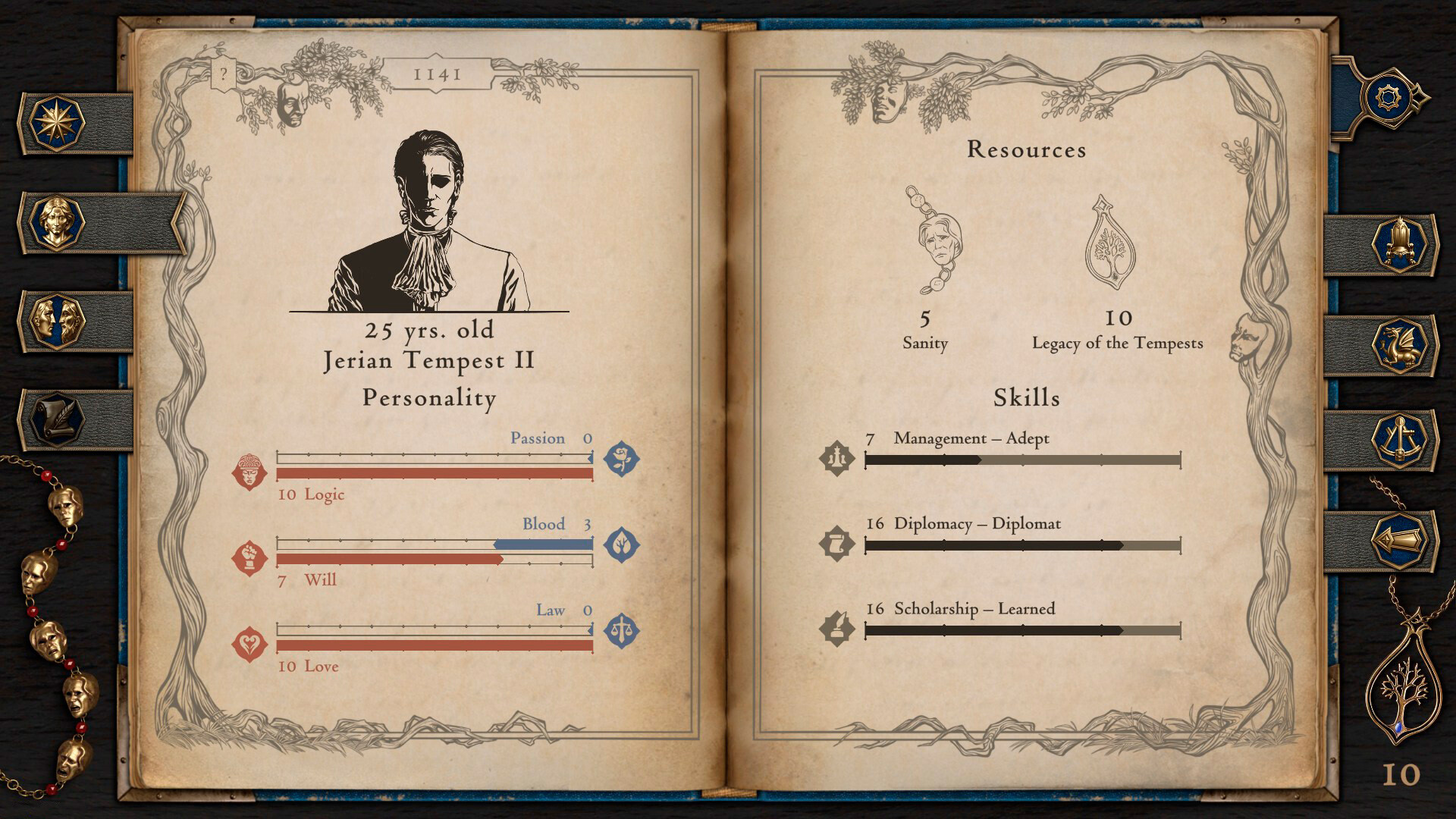 Official pre-release interface listing Logic, Passion, Will, Blood, Love, Law, Sanity and three skills